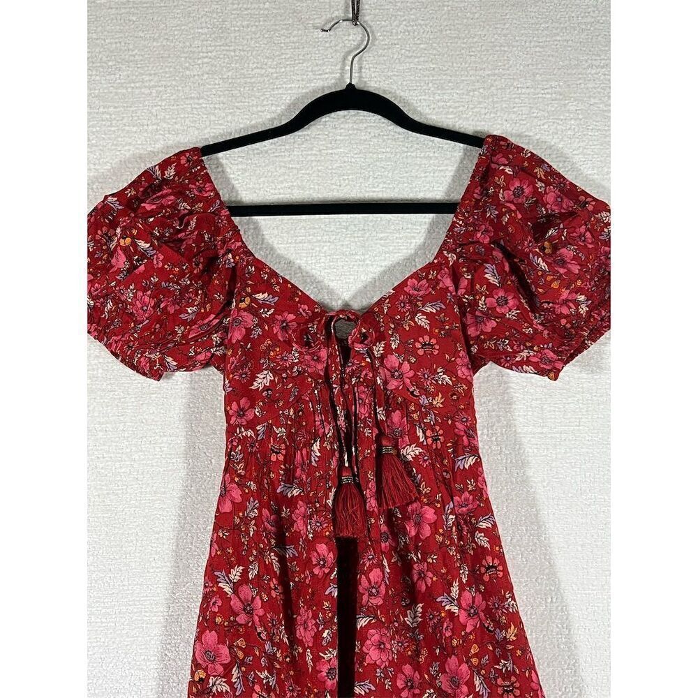 Band of the Free Women's Red Floral Puff Sleeve Boho Mini Dress S - Picture 3 of 9